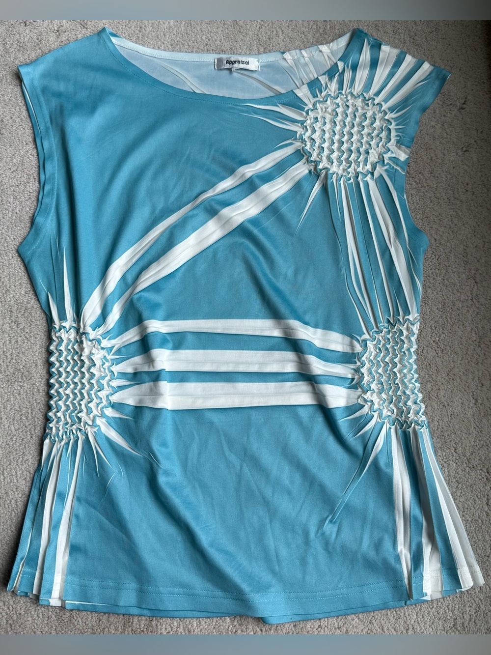 Appraisal Blue White Abstract Sleeveless Stretch Top Smocked Detail medium m
